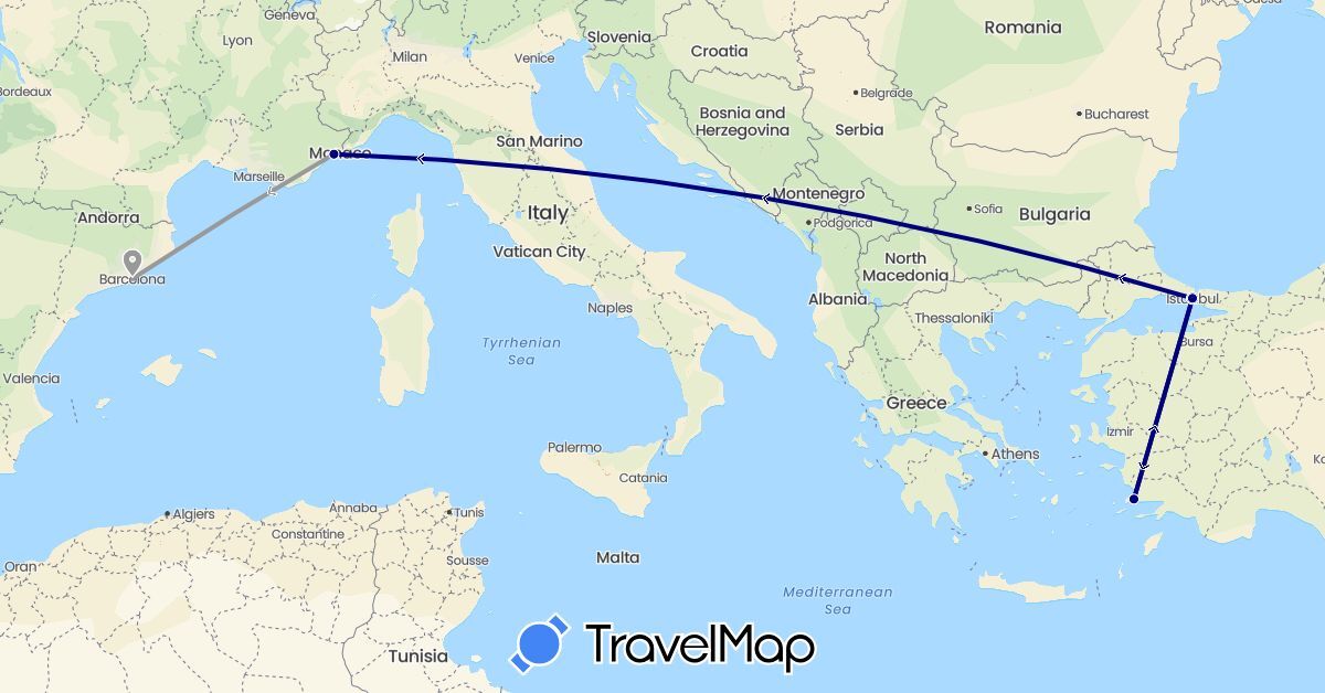 TravelMap itinerary: driving, plane in Spain, France, Turkey (Asia, Europe)
